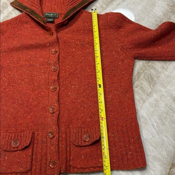 Eddie Bauer Red/Orange Tweed Cardigan Wool/Cashmere with Leather Accents | Sz L - Picture 8 of 8